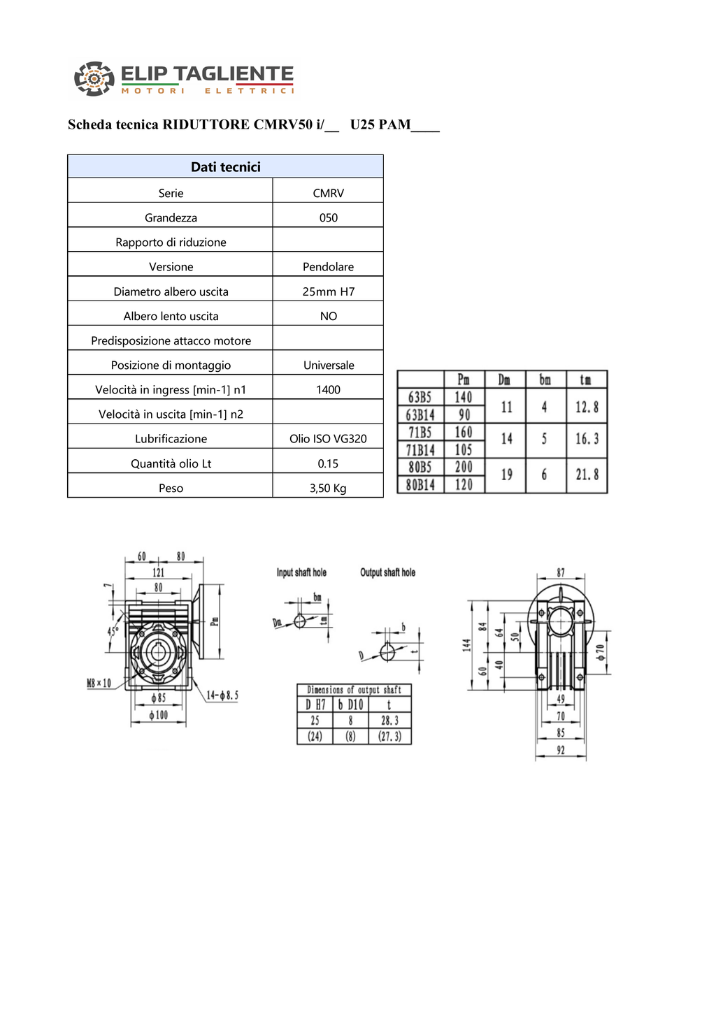 RIDUTTORE VITE SENZA FINE CMRV50 1/100 PAM 80 B14 FORO 25 LUBR. CMR